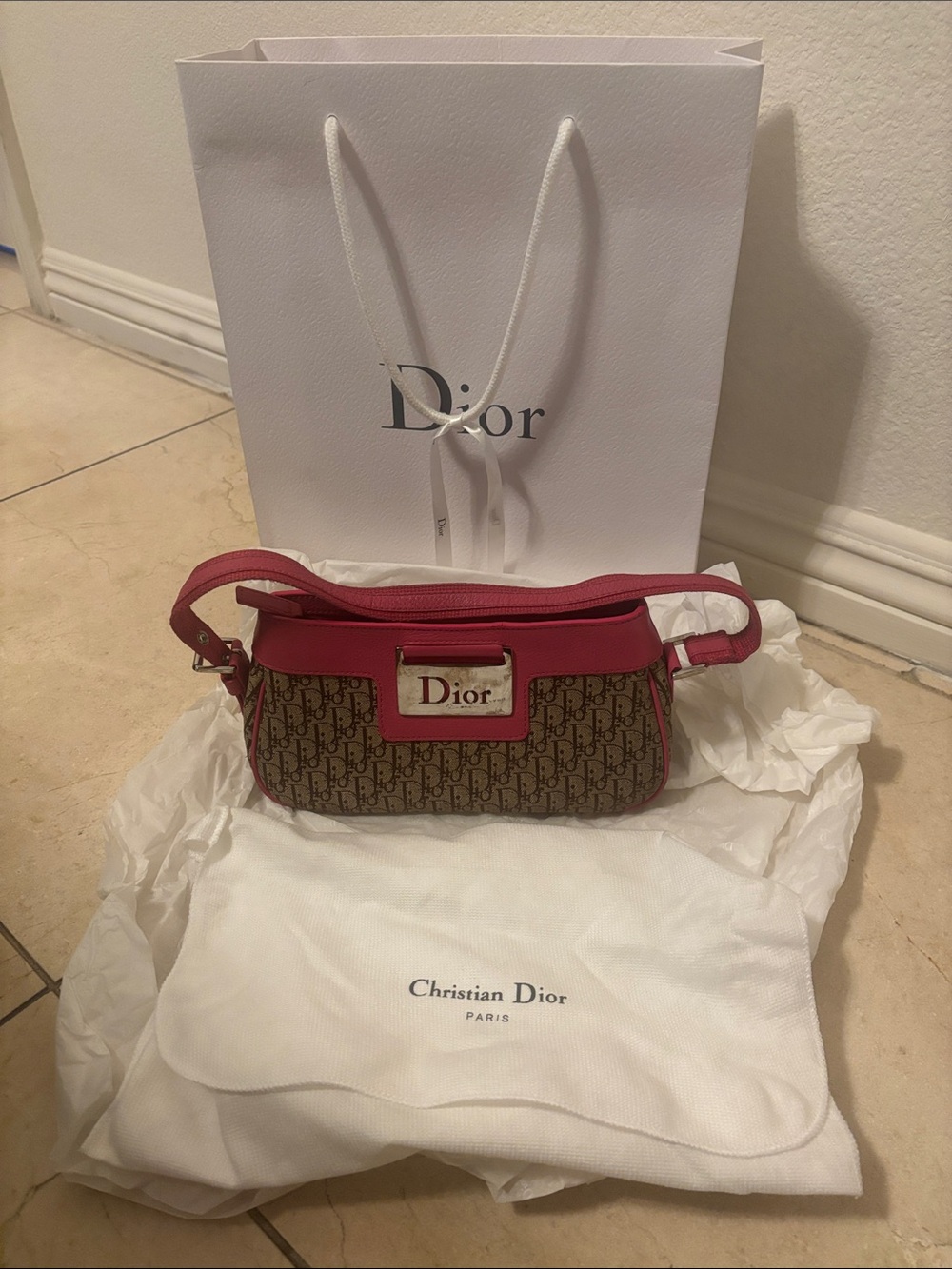 Authentic Vintage Christian Dior Pink Trotter Oblique Logo Plate Shoulder Bag